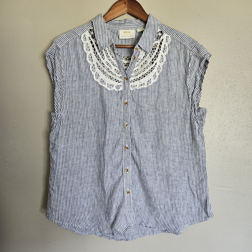 Maeve by Anthropologie Blouse Tops Womens M Blue White Button Up Sleeveless